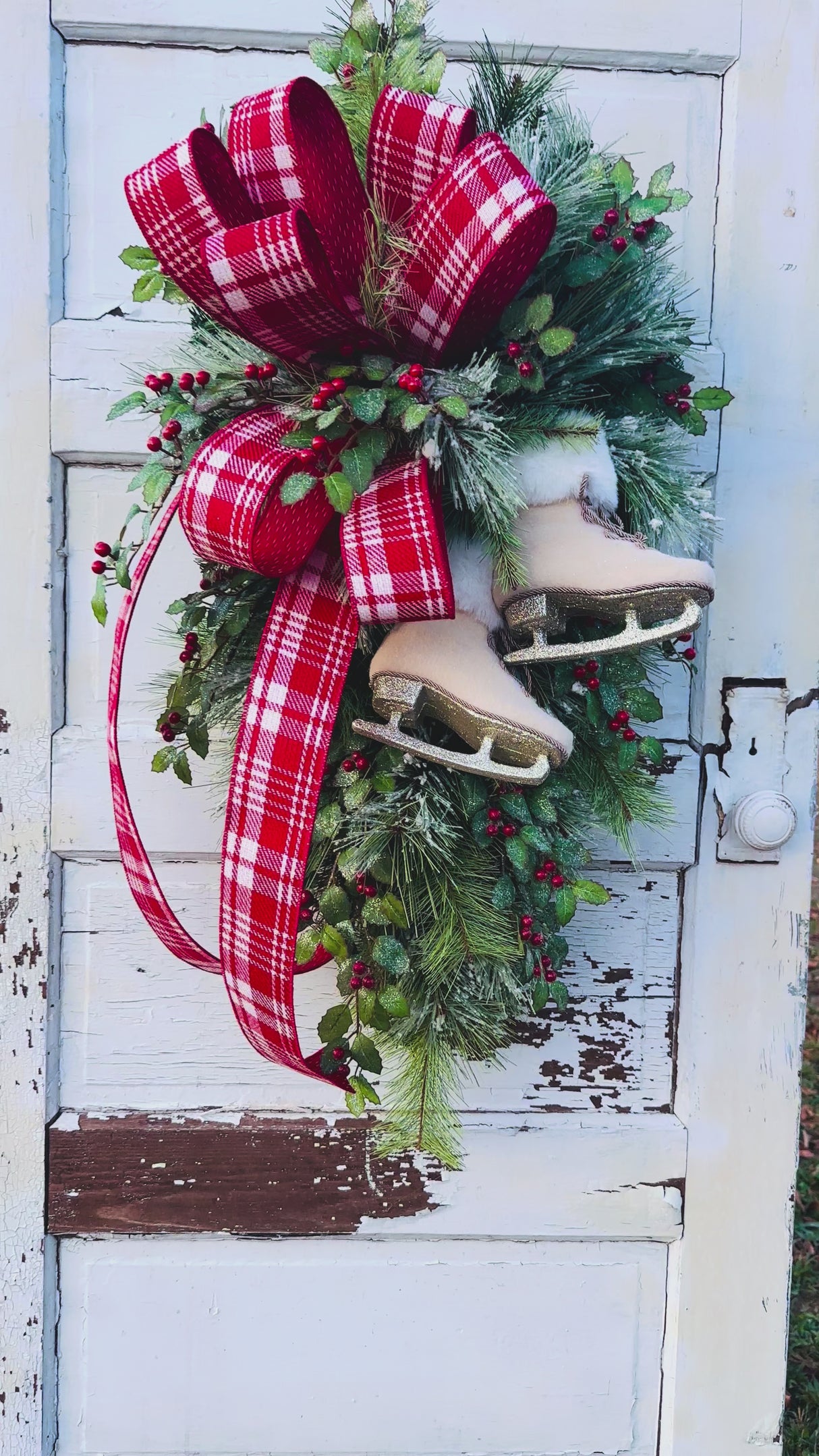 Ice Skate Christmas Swag with Red Plaid Bow | Large Holiday Door Decor