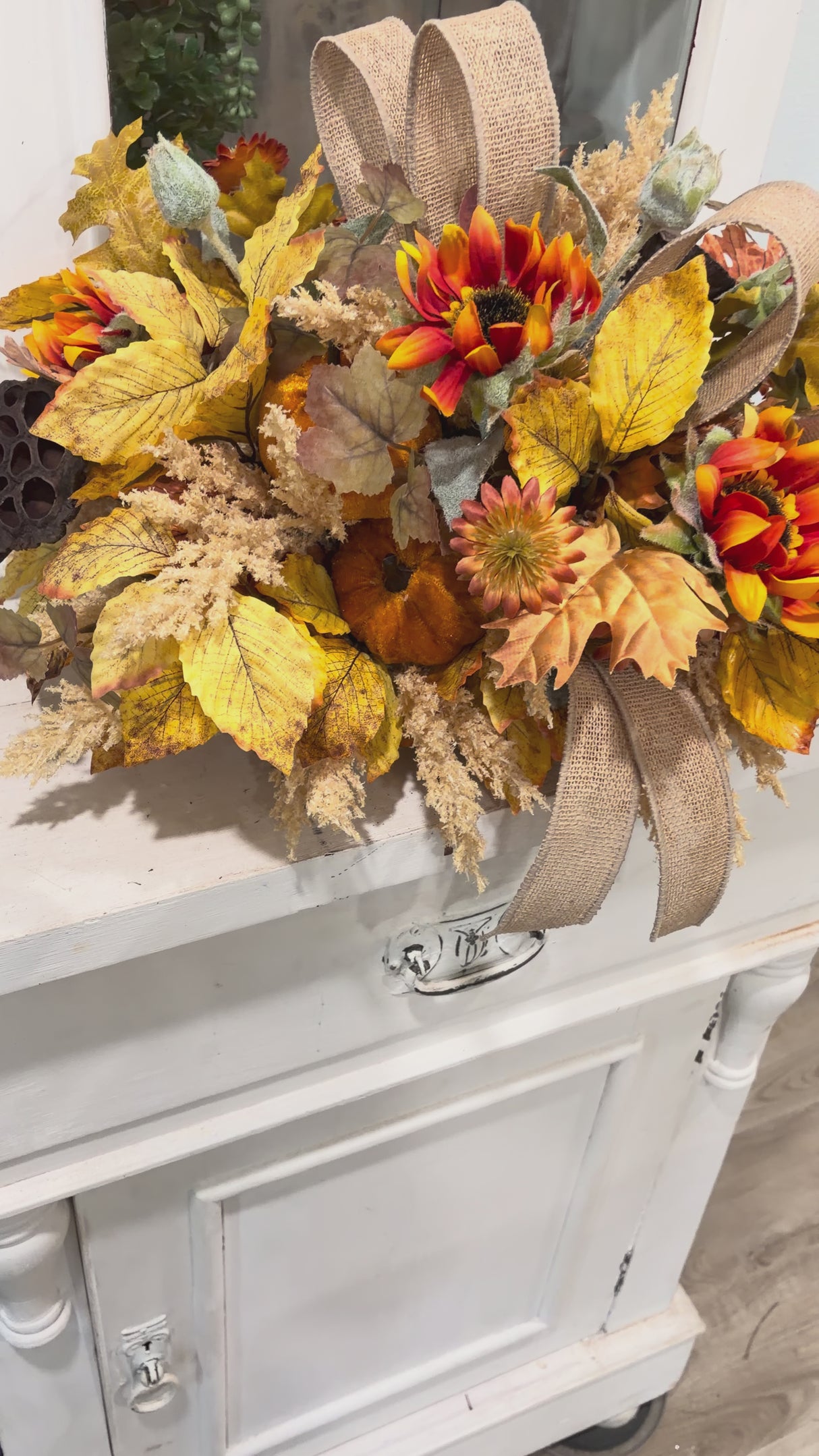 Fall Sunflower Centerpiece — 18 Inch Pumpkin Autumn Arrangement with Burlap Bow