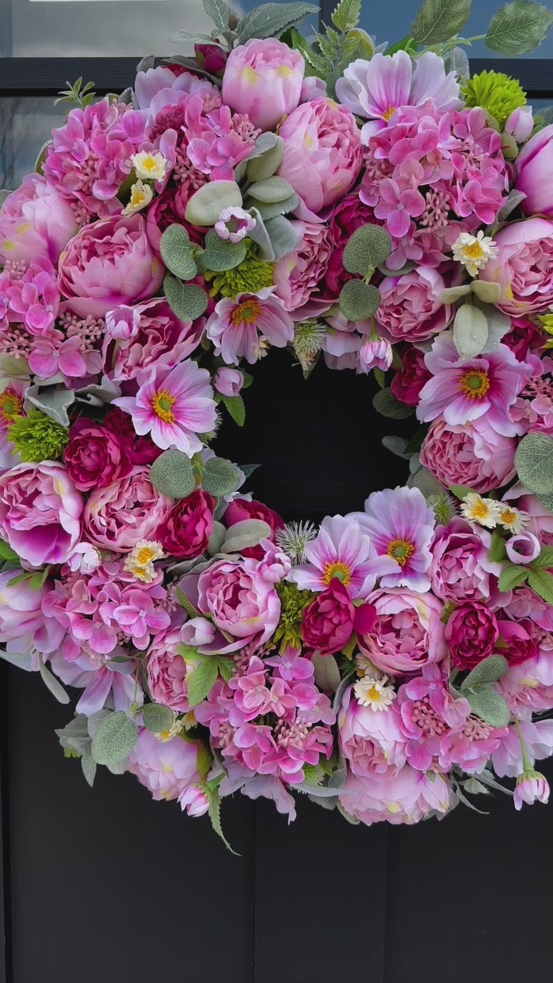 Luxury Pink Peony Wreath with Cherry Blossoms & Cosmos | Elegant Spring Door Decor 24x24