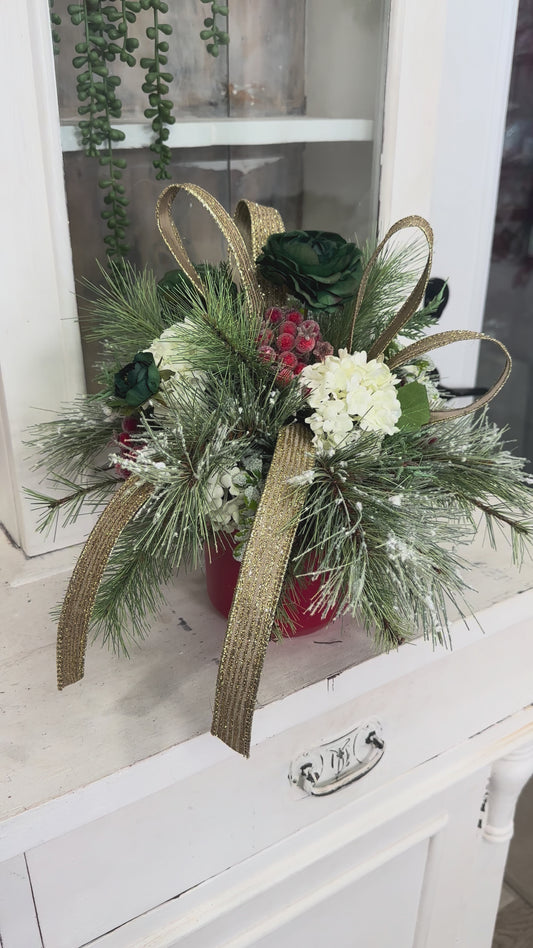 Small Christmas Centerpiece in Red Pot – Green & Gold Holiday Arrangement