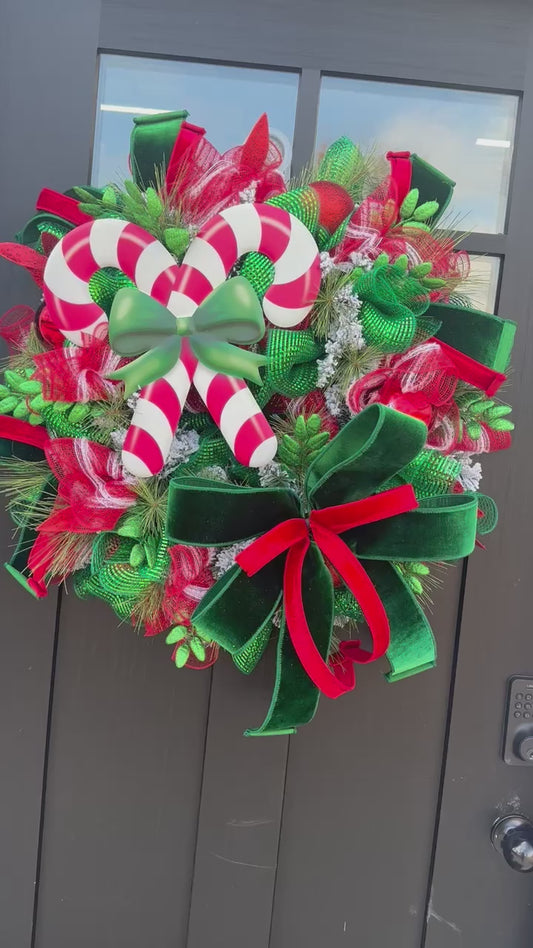 Red & Green Christmas Wreath with Candy Canes, Emerald Velvet Ribbon – 26" Festive Holiday Door Decor