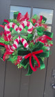 Red & Green Christmas Wreath with Candy Canes, Emerald Velvet Ribbon – 26" Festive Holiday Door Decor