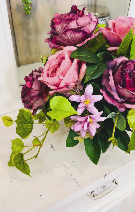Mauve Rose Floral Arrangement | Small Silk Flower Centerpiece in Pewter Compote