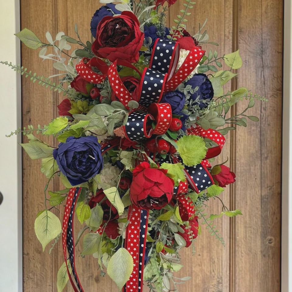 Large Patriotic Floral Swag for Front Door Red White Blue Americana Decor