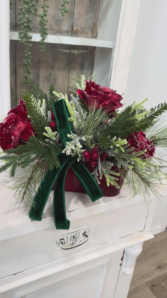 Small Red Green Christmas Floral Arrangement | Snowy Roses & Velvet Ribbon