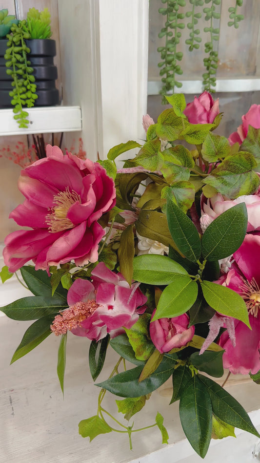 Mauve Magnolia Artificial Flower Arrangement – Faux Silk Floral Centerpiece for Dining Table or Wedding Decor