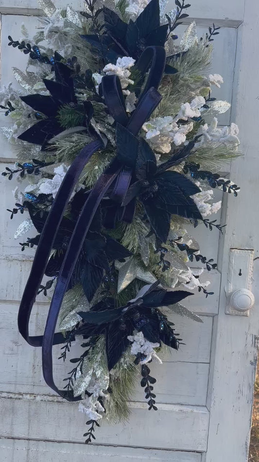 Elegant Blue & Silver Velvet Poinsettia Holiday Swag – 42"x23" Blue and Silver Christmas Door Decor | TCT Crafts