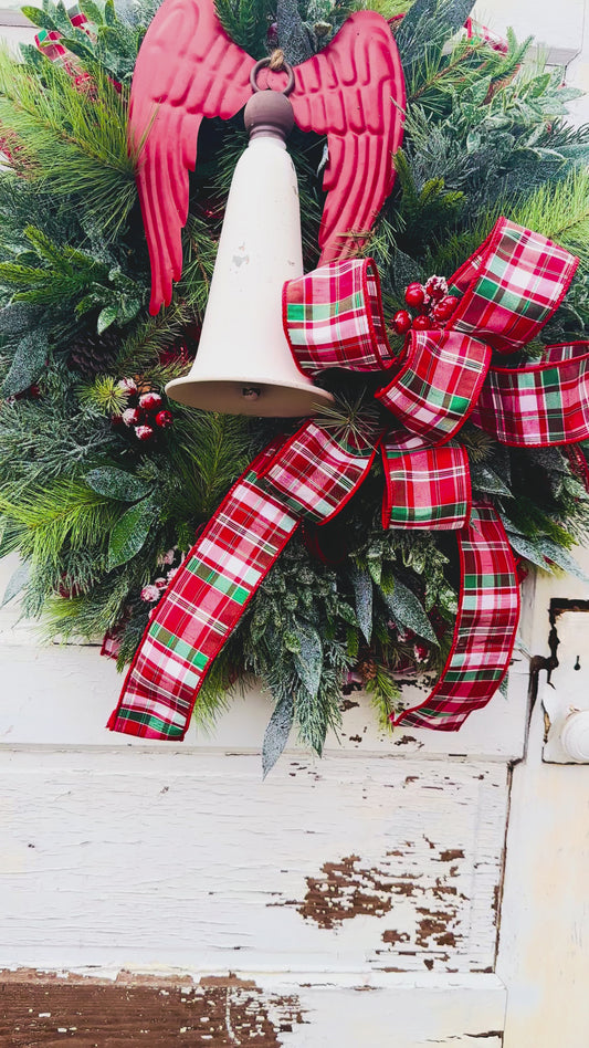 Angel Bell Christmas Wreath | Plaid Ribbon Holiday Door Wreath