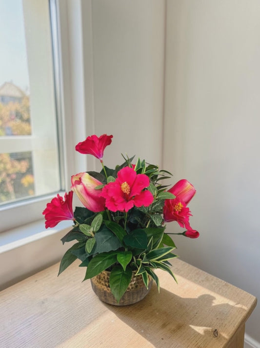 Summer Hibiscus Floral Arrangement Tropical Silk Flower Centerpiece