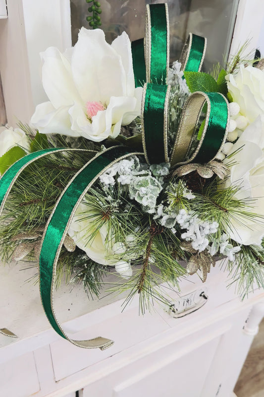 Emerald Green & White Christmas Centerpiece | Magnolia Holiday Arrangement