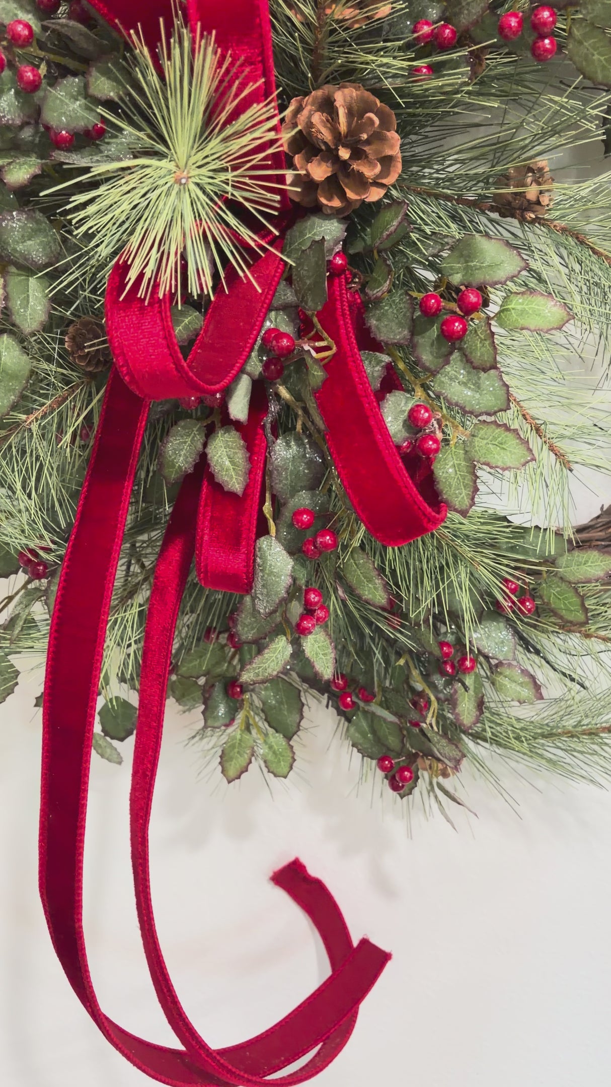 Classic Holly Pine Wreath | Red Velvet Farrisilk Ribbon Grapevine | 26"