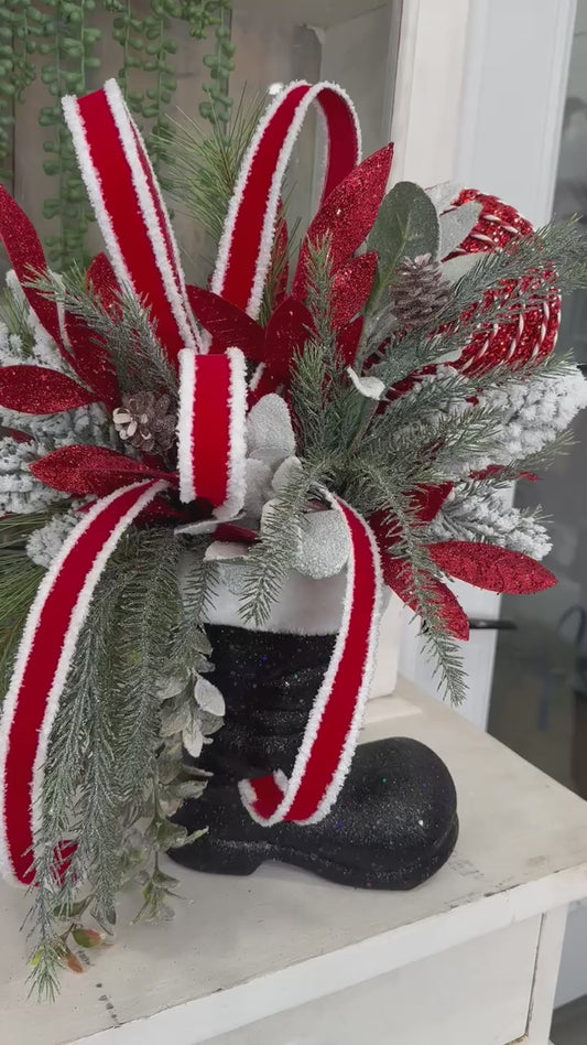 Festive Santa Boot Christmas Centerpiece | 25" x 16" Holiday Arrangement with Artificial Pine, Lollipops, and Glitter Accents