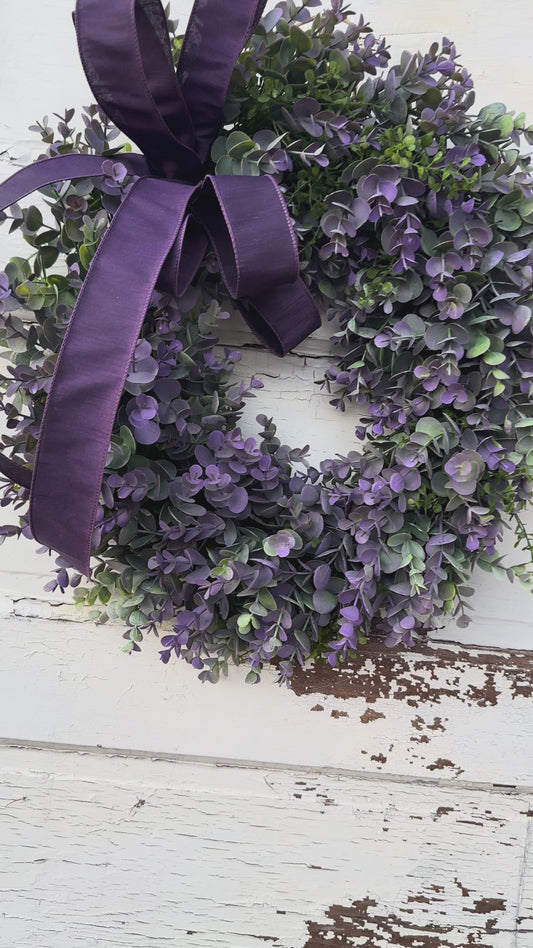 Purple Boxwood Wreath with Velvet Bow | Elegant Spring Summer Grapevine Wreath