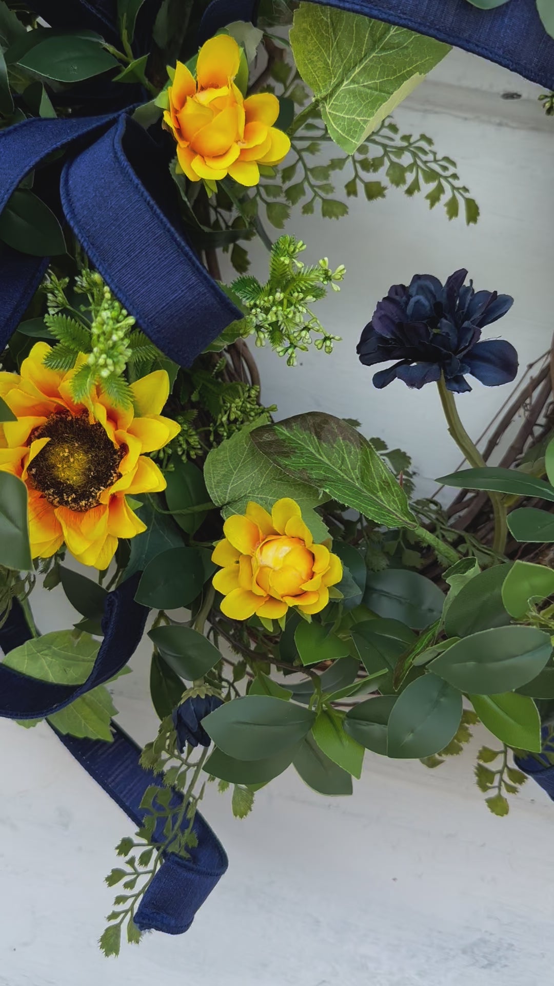 Sunflower Wreath with Navy Accents for Summer & Fall - Rustic 22x20 Grapevine Door Decor - Elegant Floral Greenery Wreath