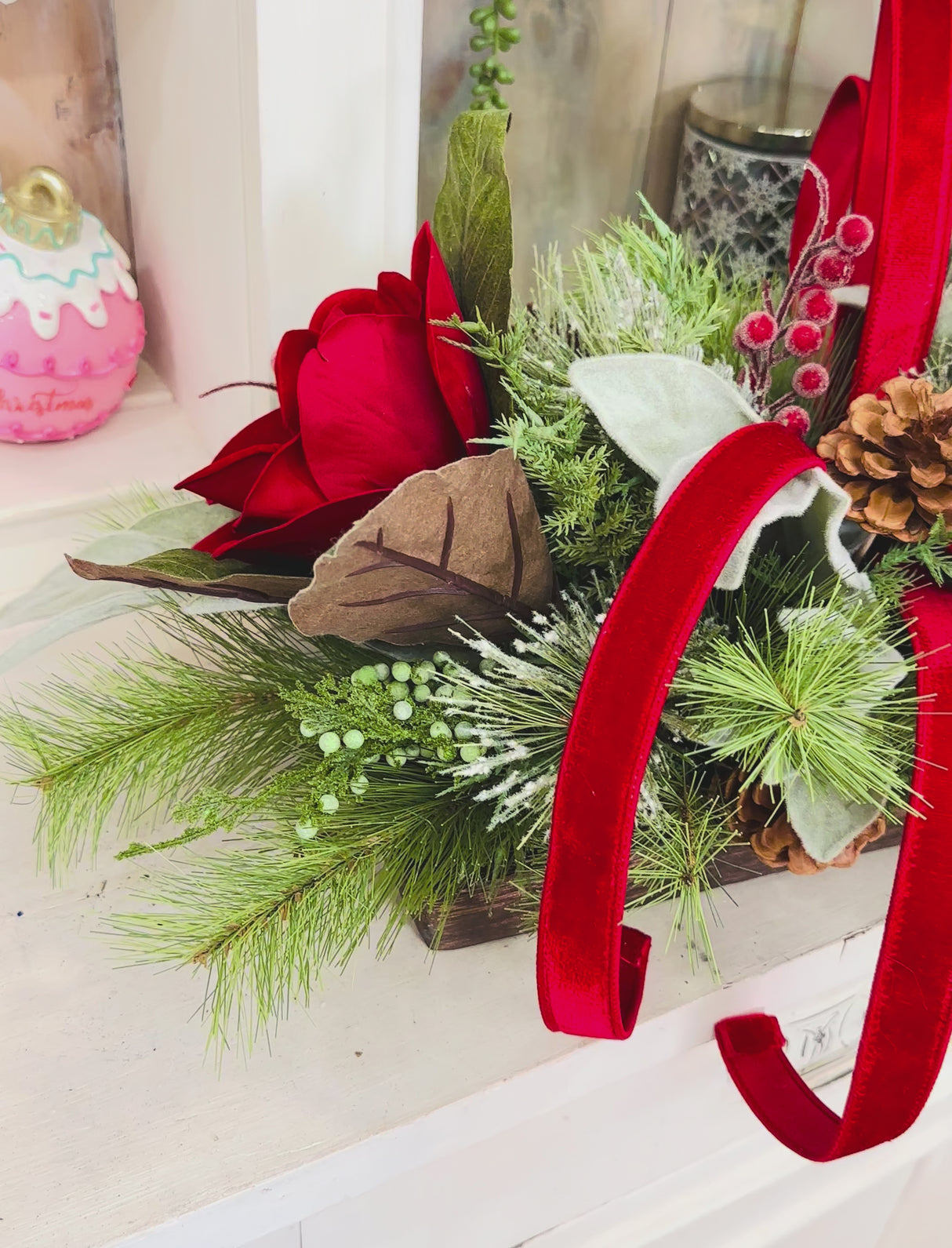 Red Velvet Magnolia Christmas Centerpiece | Wooden Tray Holiday Arrangement