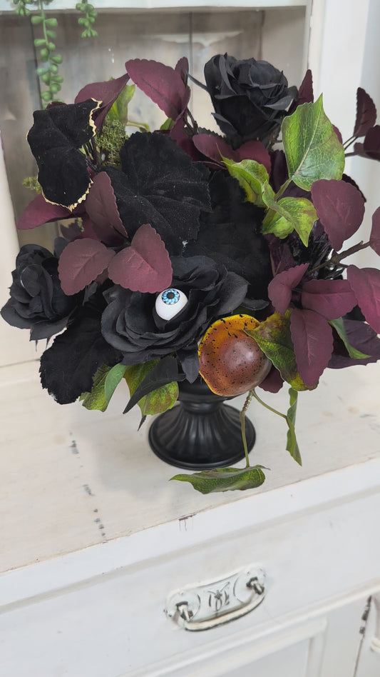 Elegant Halloween Floral Arrangement in Black Compote with Eyeball & Mushroom Accents – 14”