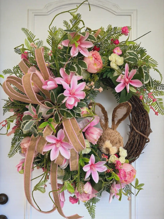 Spring Bunny Grapevine Wreath with Pink Magnolias & Peonies