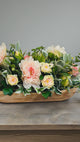 Soft Spring Garden Centerpiece with Peonies in Wooden Tray