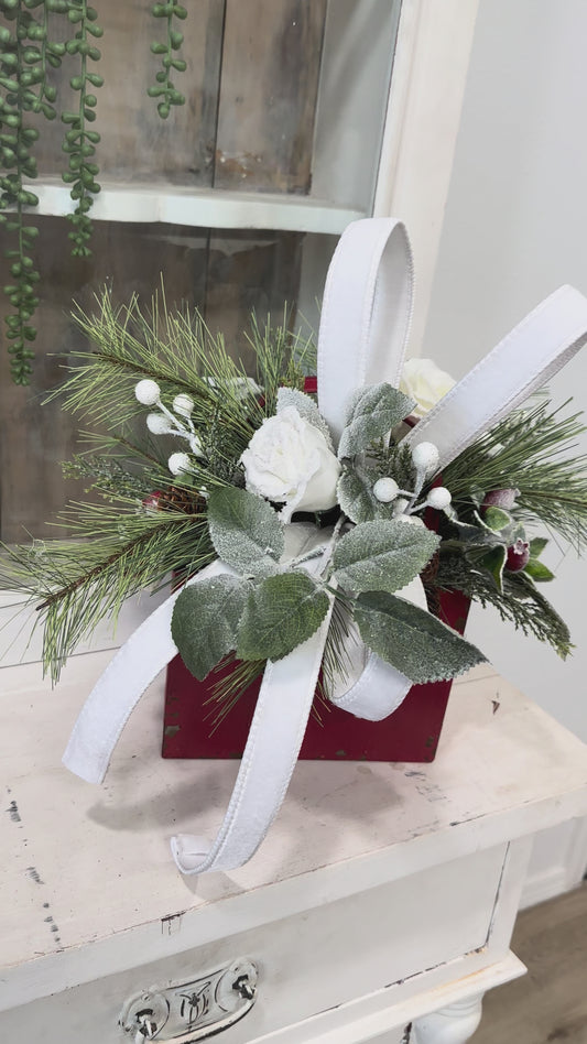 Red White Winter Centerpiece in Rustic Tote | Holiday Floral Arrangement