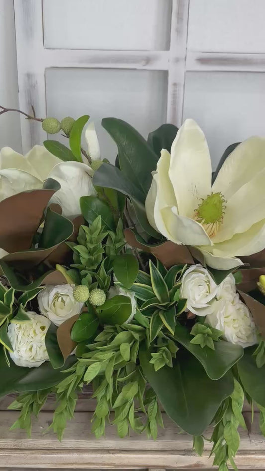 Magnolia & White Rose Floral Centerpiece | Faux Flowers in Rustic Dough Bowl