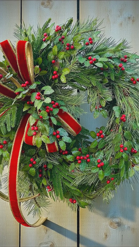Christmas Pine Wreath with Red Velvet Bow