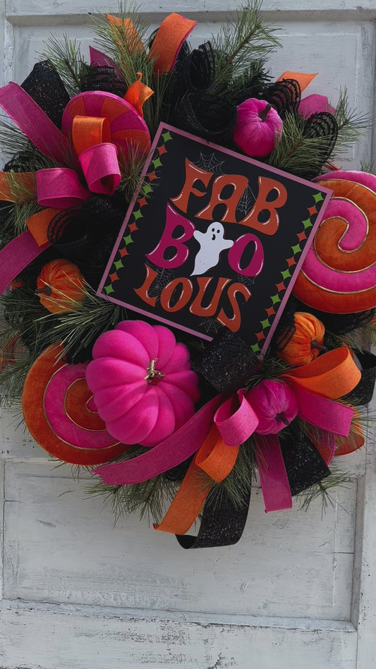 Faboolous Halloween Wreath | Pink, Orange, Black | 29"x26" | Cute Decor with Lollipops and Velvet Pumpkins