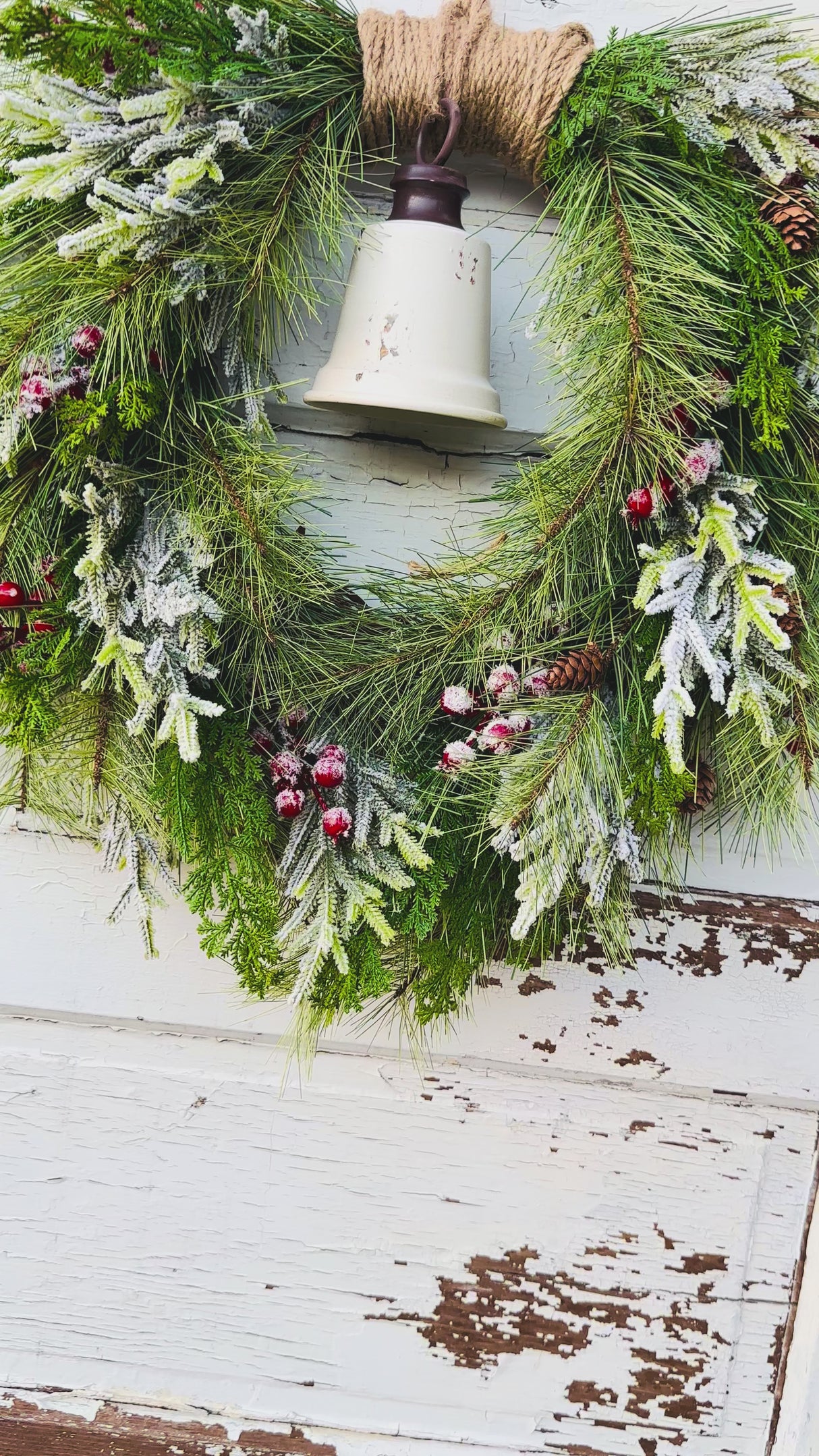 Rustic Winter Pine Wreath with White Liberty Bell | Farmhouse Christmas Decor