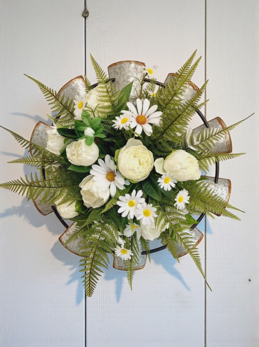 Galvanized Windmill Wall Decor | Farmhouse Floral Door Hanger