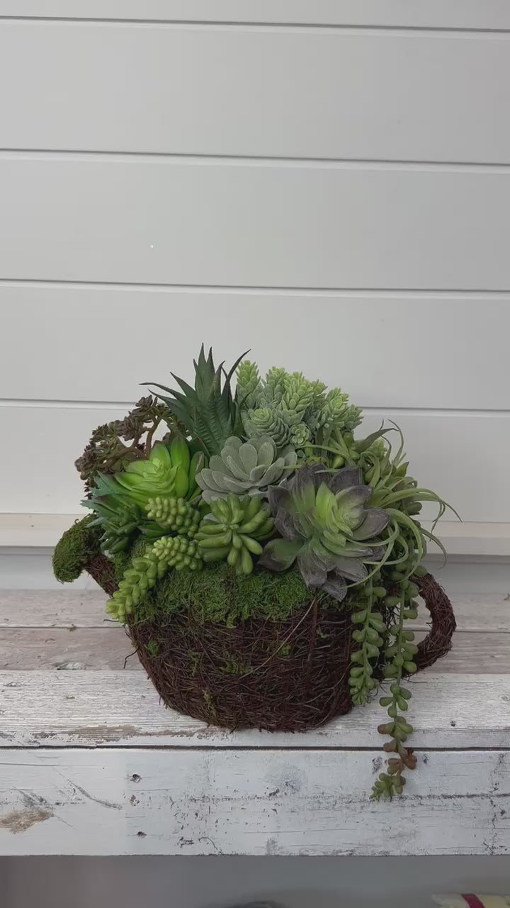 Faux Succulent Arrangement in Grapevine/Moss Watering Can Planter | 12x12 Inches | Indoor Greenery Decor for Home or Office I TCT Crafts
