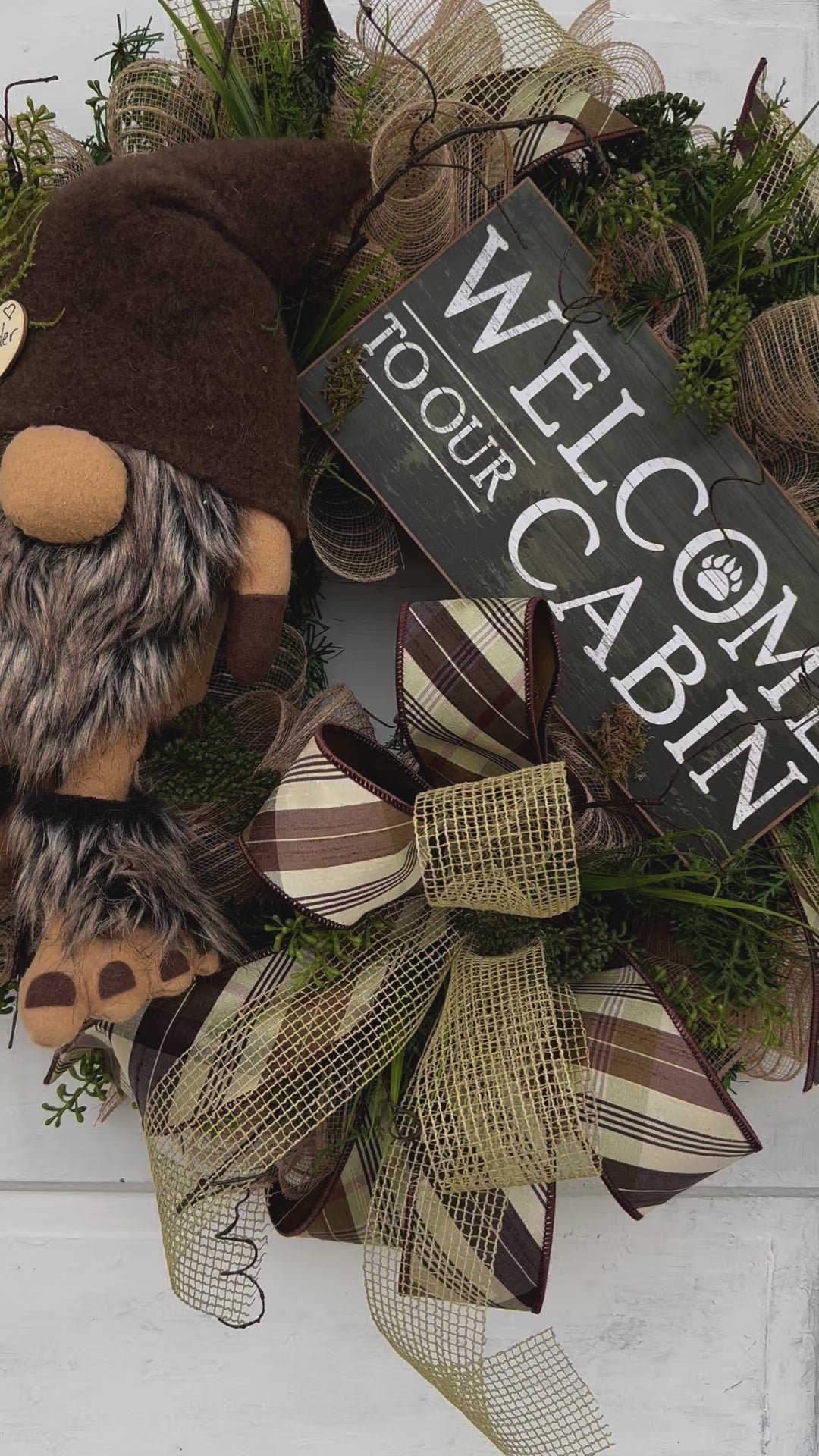 Rustic Gnome Cabin Welcome Wreath, 27x23 Handmade Gnome Door Decor, Rustic Cabin Door Decor, Woodland Wreath by TCT Crafts