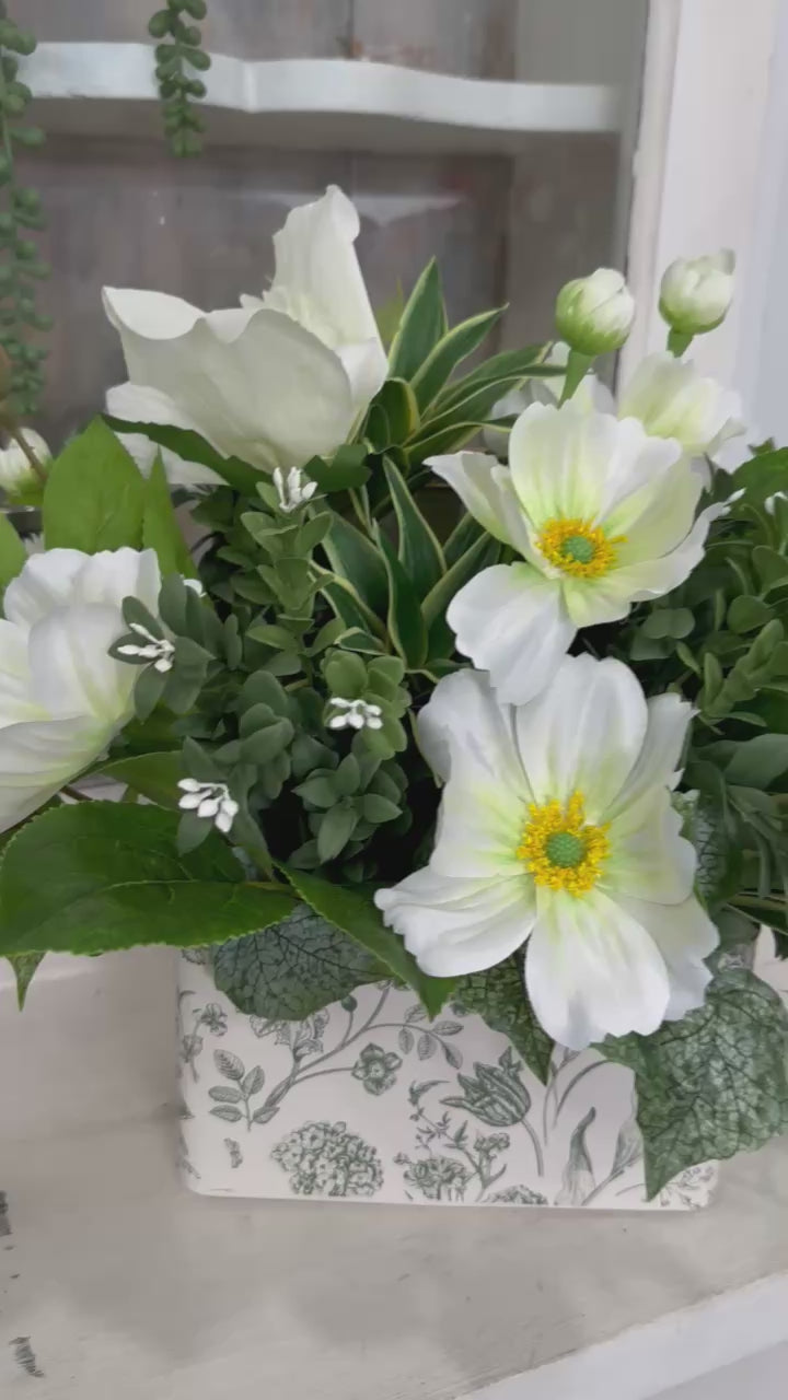 Small Faux Floral Arrangement with Cream Cosmos & Greenery in White Metal Planter