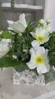 Small Faux Floral Arrangement with Cream Cosmos & Greenery in White Metal Planter