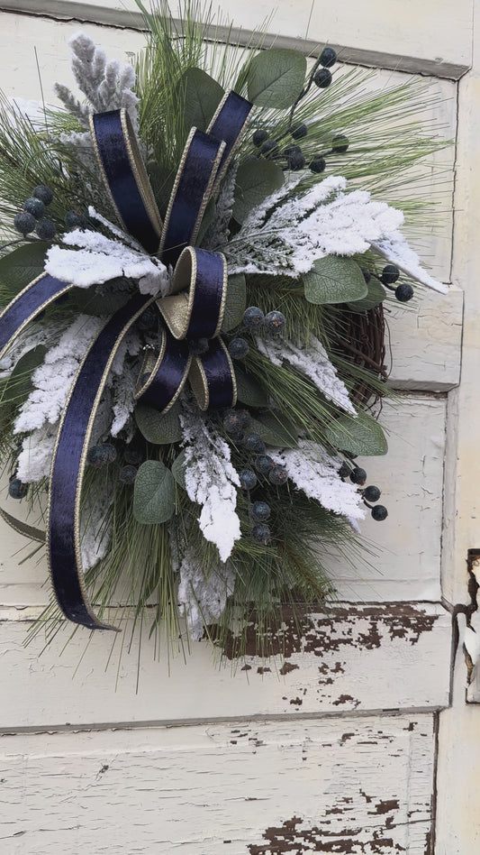 Blue Berry Winter Pine Christmas Wreath | Blue Velvet Holiday Wreath
