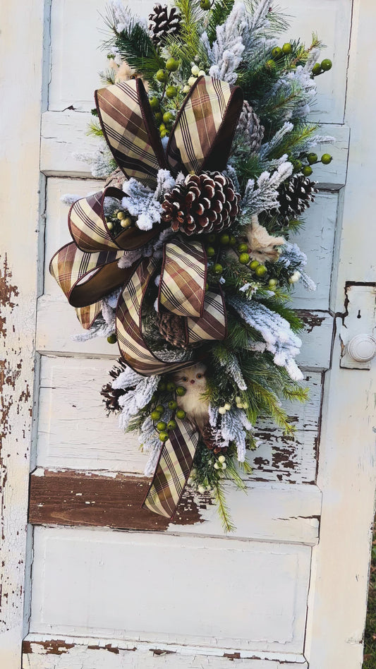 Rustic Owl Winter Swag | Woodland Christmas Door Decor | Pinecone Flocked Greenery