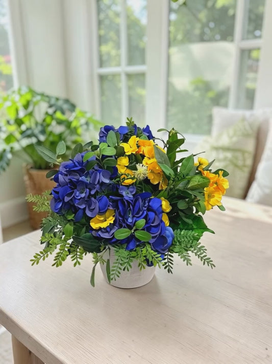 Blue Hydrangea Yellow Primrose Floral Arrangement Spring Centerpiece