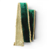 1" Emerald Green Velvet Wired Ribbon with Gold Trim | Farrisilk-RG809-55 Farrisilk