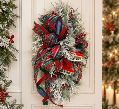 Tartan Plaid Ice Skate Swag | Red Blue Christmas Door Decor | 34"Lx18"Wx13"D-2205 TCT Crafts Designs & Decor