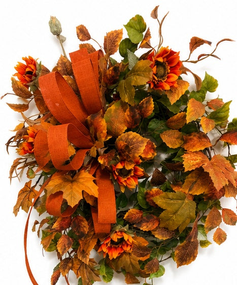 Fall Sunflower Wreath | Orange Maple Leaf Grapevine Wreath | 30"x25" TCT Crafts