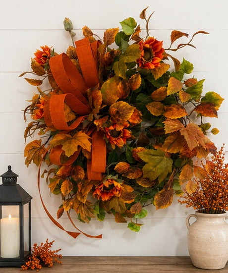 Fall Sunflower Wreath | Orange Maple Leaf Grapevine Wreath | 30"x25" TCT Crafts