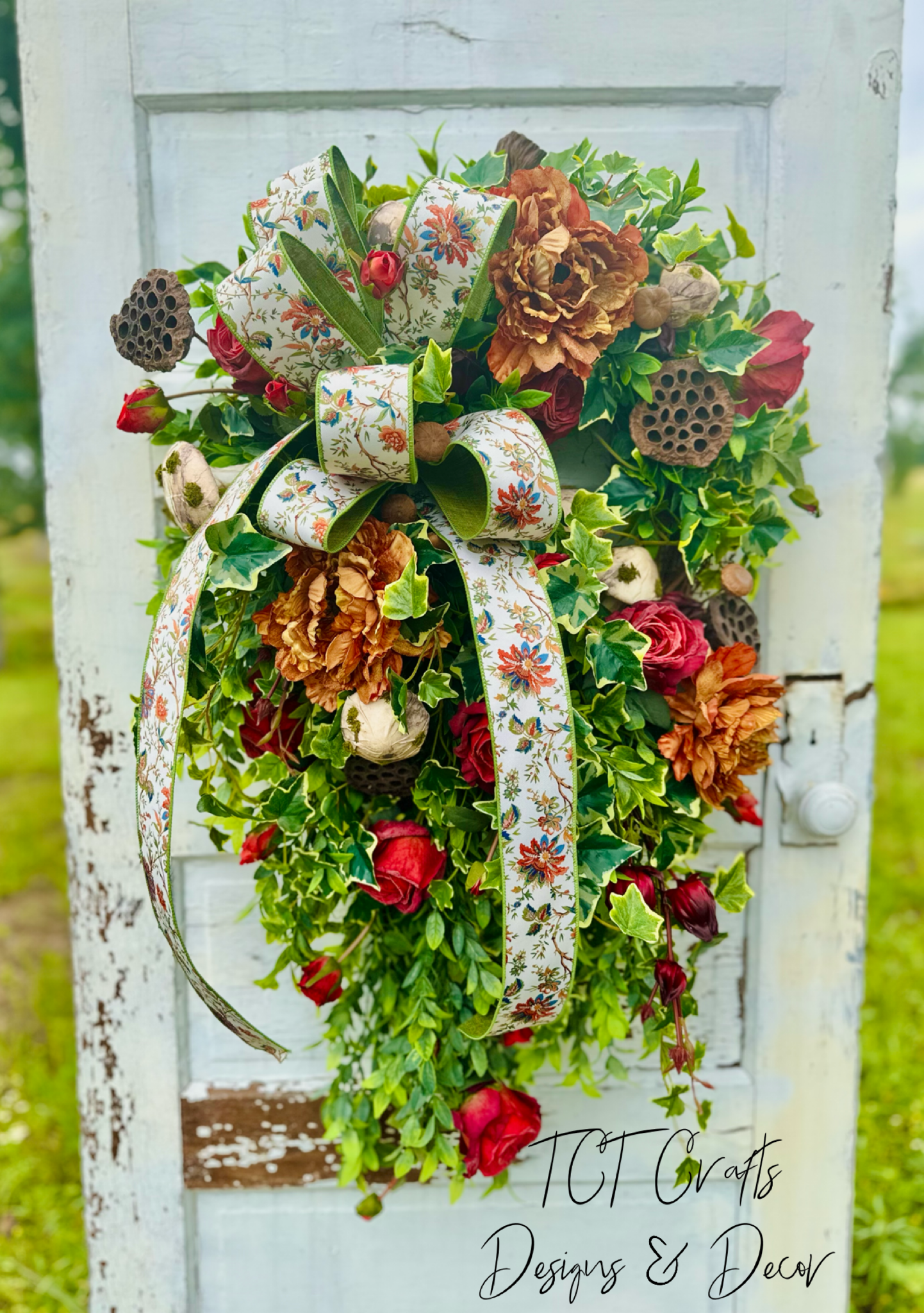 XL Fall Grapevine Wreath with Peonies, Mushrooms, Ruscus & Ribbon – Enchanted Autumn Door Decor TCTCrafts