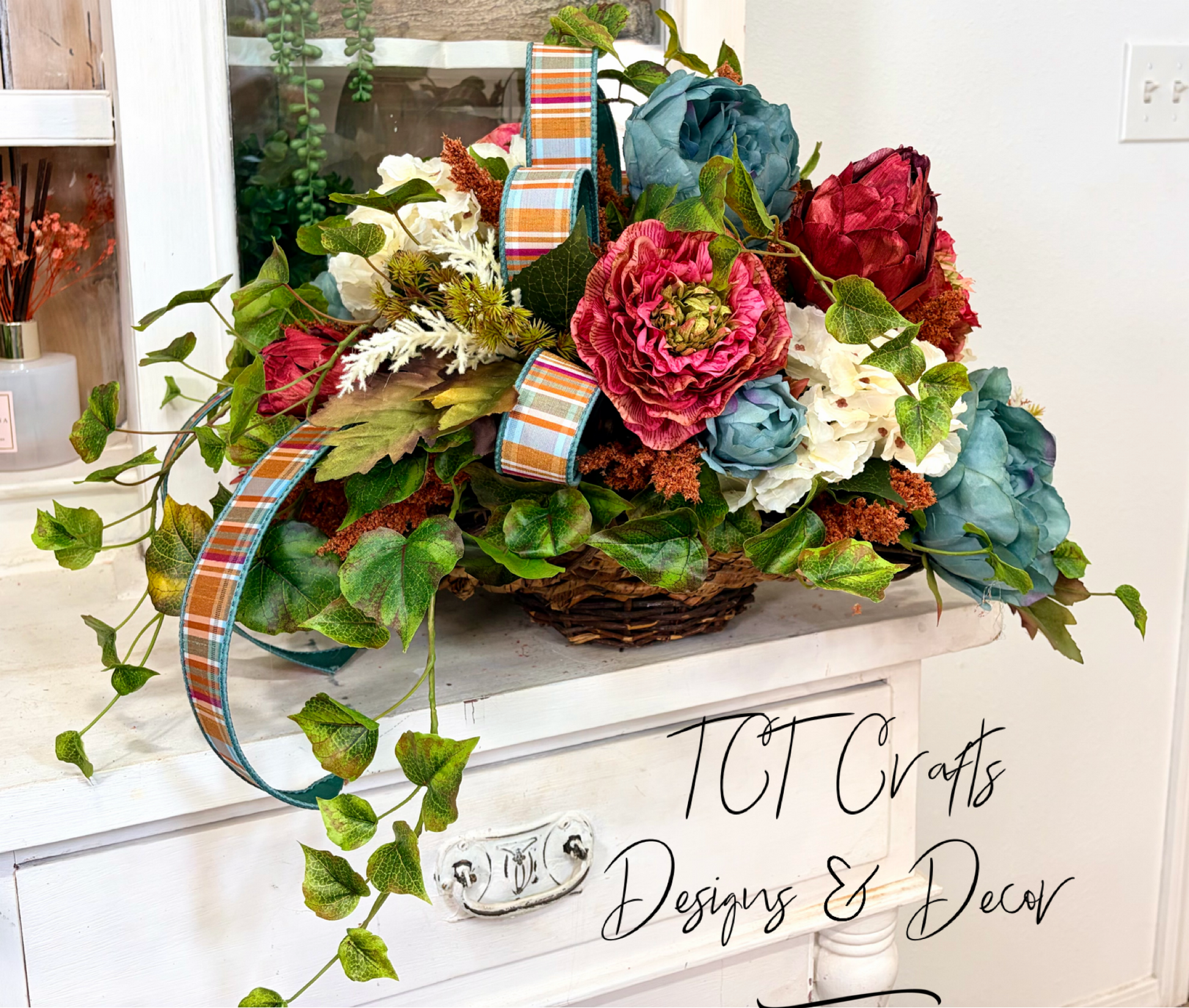 Moody Blue Burgundy Fall Centerpiece Luxury Autumn Basket Decor TCT Crafts