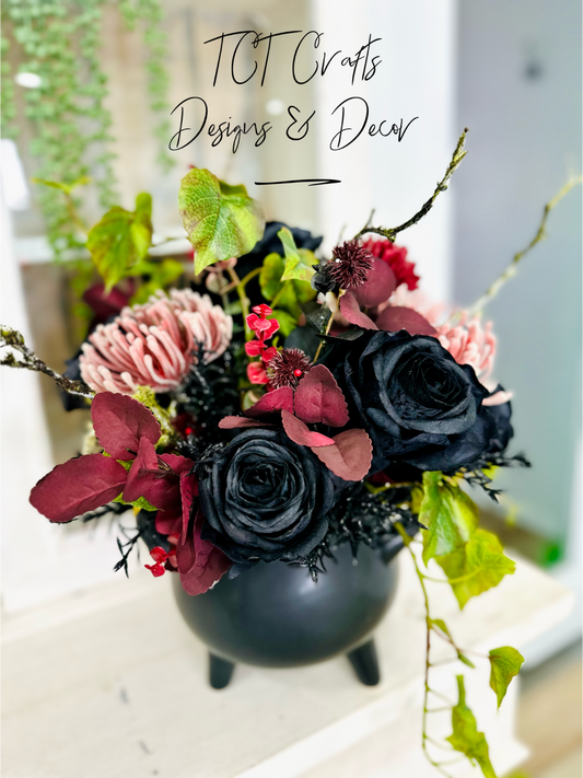 Halloween Cauldron Arrangement – Gothic Floral Centerpiece with Black Roses TCT Crafts