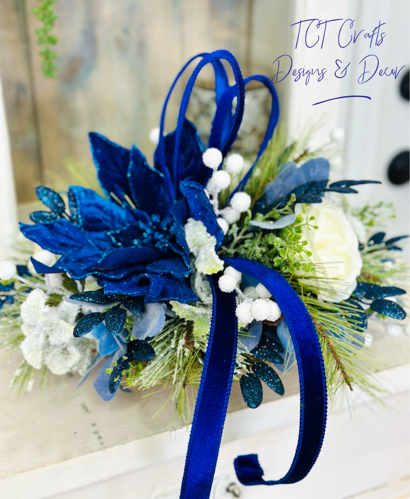 Blue & White Holiday Arrangement in Wooden Dough Bowl | Farmhouse Winter Centerpiece TCT Crafts