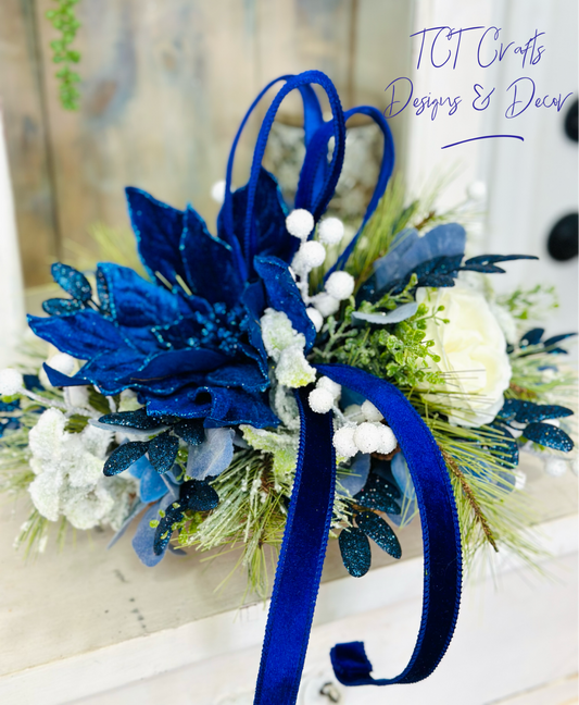 Blue & White Holiday Arrangement in Wooden Dough Bowl | Farmhouse Winter Centerpiece TCT Crafts