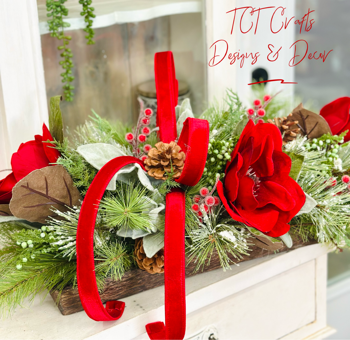 Red Velvet Magnolia Christmas Centerpiece | Wooden Tray Holiday Arrangement TCT Crafts