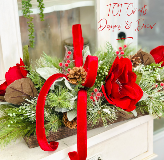 Red Velvet Magnolia Christmas Centerpiece | Wooden Tray Holiday Arrangement TCT Crafts
