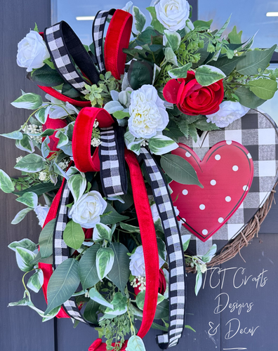 Rustic Valentine's Day Heart Grapevine Wreath | Red & White Floral Door Decor