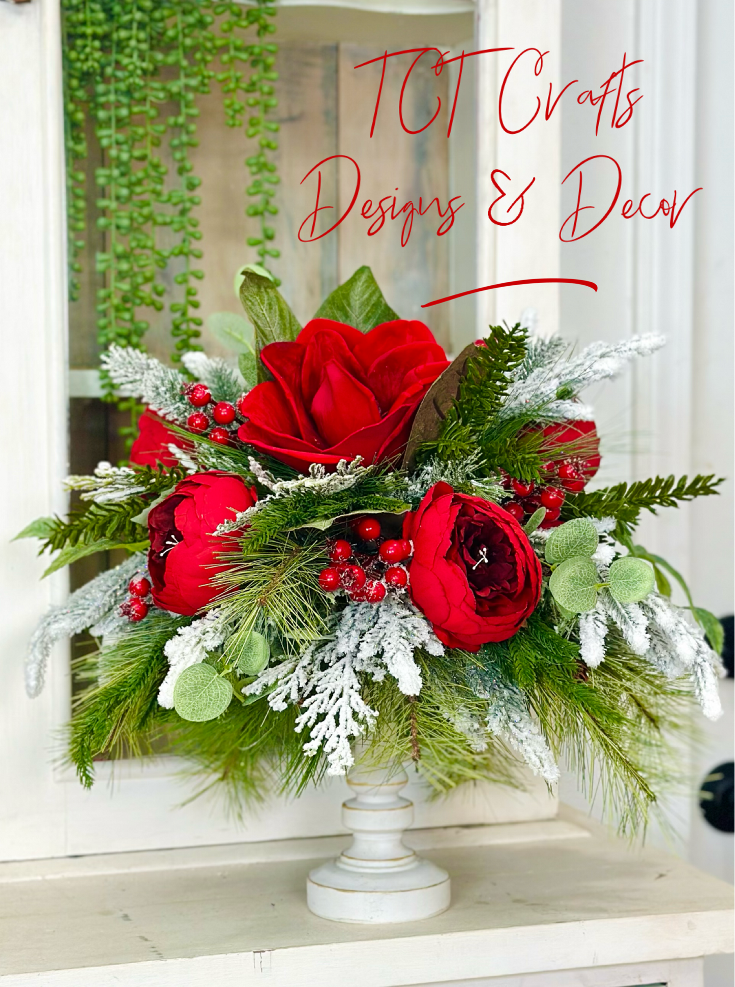 Red Magnolia & Peony Christmas Centerpiece on Candlestick | Holiday Floral Decor TCT Crafts