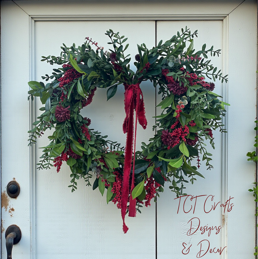 Winter Valentine Heart Wreath with Red Berries & Velvet Bow TCT Crafts