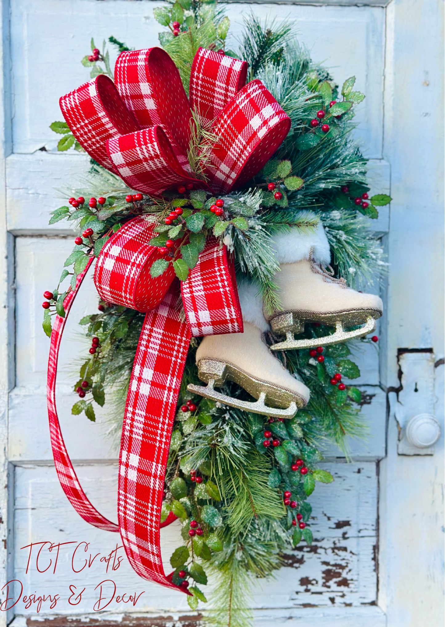Ice Skate Christmas Swag with Red Plaid Bow | Large Holiday Door Decor TCT Crafts